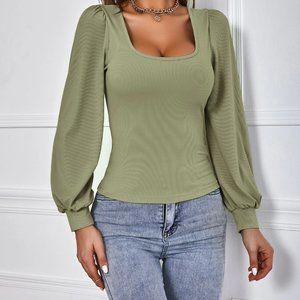 Khaki Green Long Sleeved  Ribbed Tee